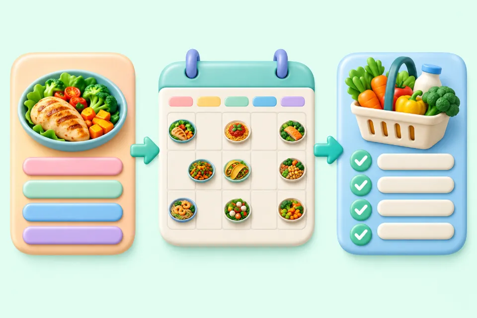 Three panels joined by arrows, from left to right: a recipe card with a bowl of chicken and vegetables above four colored bars, a week calendar with small dishes placed on several days, and a shopping list with a basket of vegetables and milk above four ticked lines.