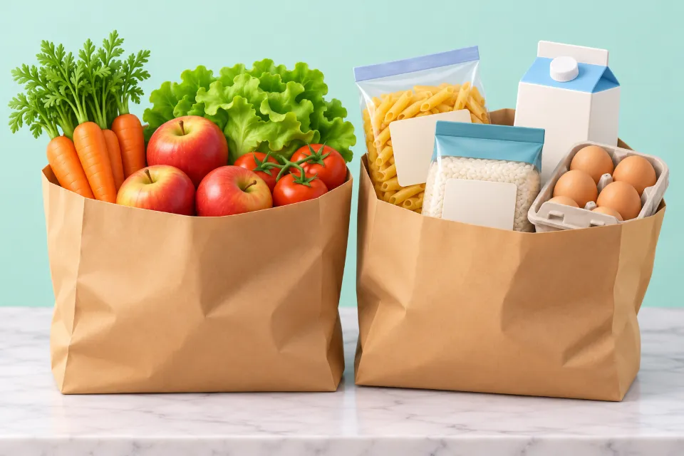 Zwei braune Papiertüten nebeneinander auf einer Arbeitsplatte. In der linken Tüte stecken Möhren, Salat, Äpfel und Tomaten, in der rechten eine Packung Nudeln, eine Packung Reis, ein Karton Milch und ein Karton Eier.