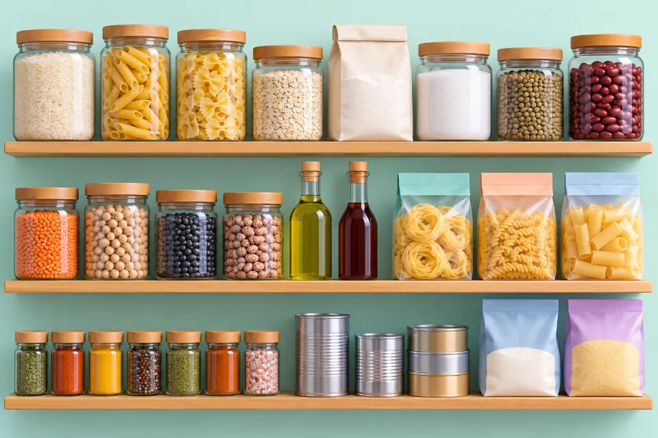 Three pantry shelves seen from the front. Top shelf, from left to right: glass jars of rice, pasta and oats, a paper bag of flour, a jar of sugar and jars of lentils and red beans. Middle shelf: jars of red lentils, chickpeas and beans, a bottle of oil and a bottle of vinegar, and bags of pasta. Bottom shelf: a row of small spice jars, cans and two bags of grains. No jar carries a label.