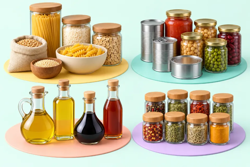 Four groups on round colored mats. Top left: jars and bowls of spaghetti, pasta, rice, oats and grains. Top right: cans and glass jars of tomato sauce, chickpeas, peas and beans. Bottom left: bottles of oil and vinegar. Bottom right: small jars of dried herbs and spices.
