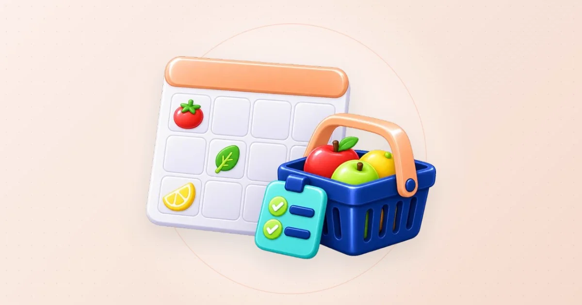 Véritable Planner Studio : des plats écrits dans un menu de la semaine, une liste de courses ajoutée et les deux pages téléchargées en un PDF.