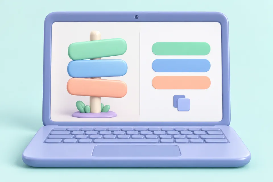 A laptop screen split in two. On the left, a picture of a signpost with three colored boards. On the right, the same three colors as flat lines of text, with a copy icon below them.