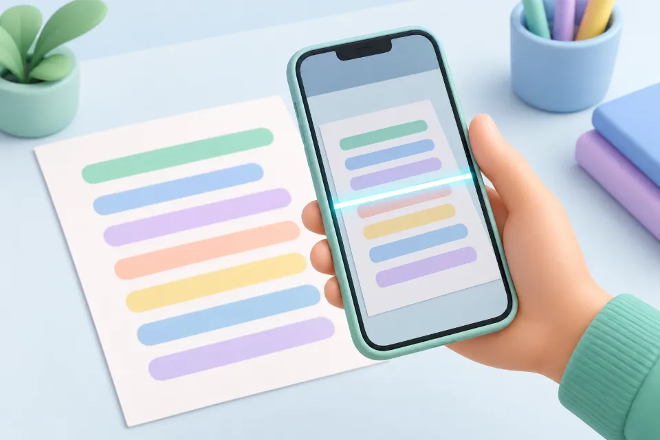 A hand holds a phone over a printed page on a desk. The page appears on the phone screen, and a glowing line moves across it while it is scanned.