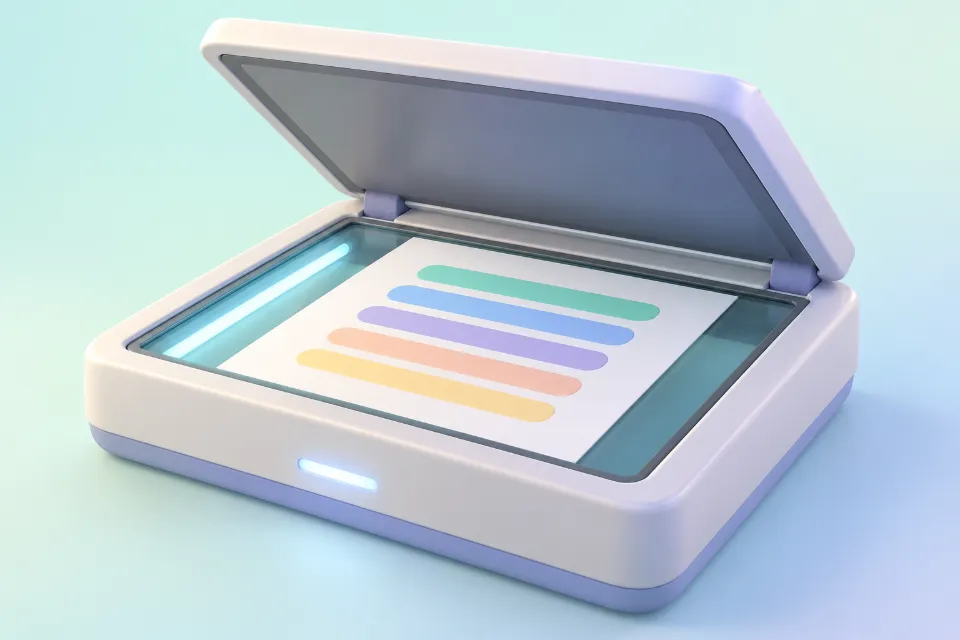 A flatbed scanner with its lid open. A printed page lies on the glass, lined up with the edge, and a light bar glows along one side.