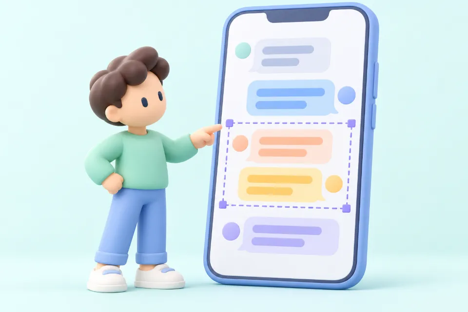 A person points at a large phone showing a chat. A dashed selection box with corner handles surrounds two message bubbles in the middle of the conversation.