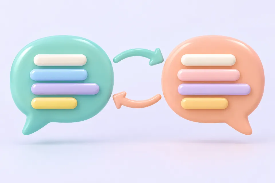 Two speech bubbles, one green and one orange, each with lines of text. Two curved arrows between them point from one bubble to the other and back.
