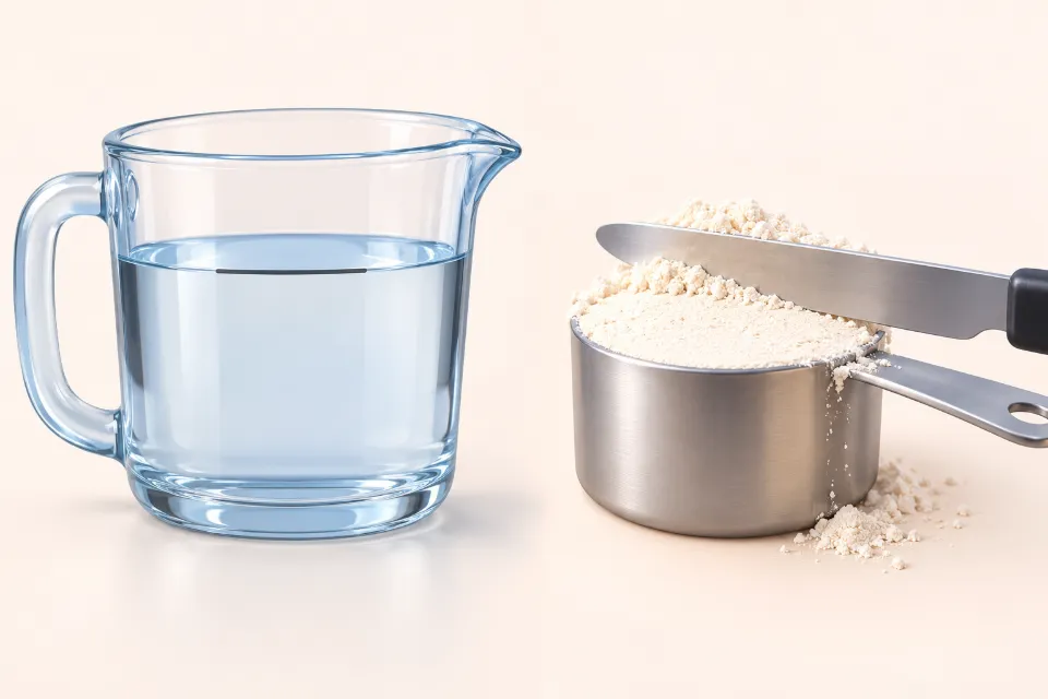 A clear glass measuring jug filled with water on the left. On the right, a metal measuring cup heaped with flour, with a knife scraping the top flat and some flour spilled beside it.