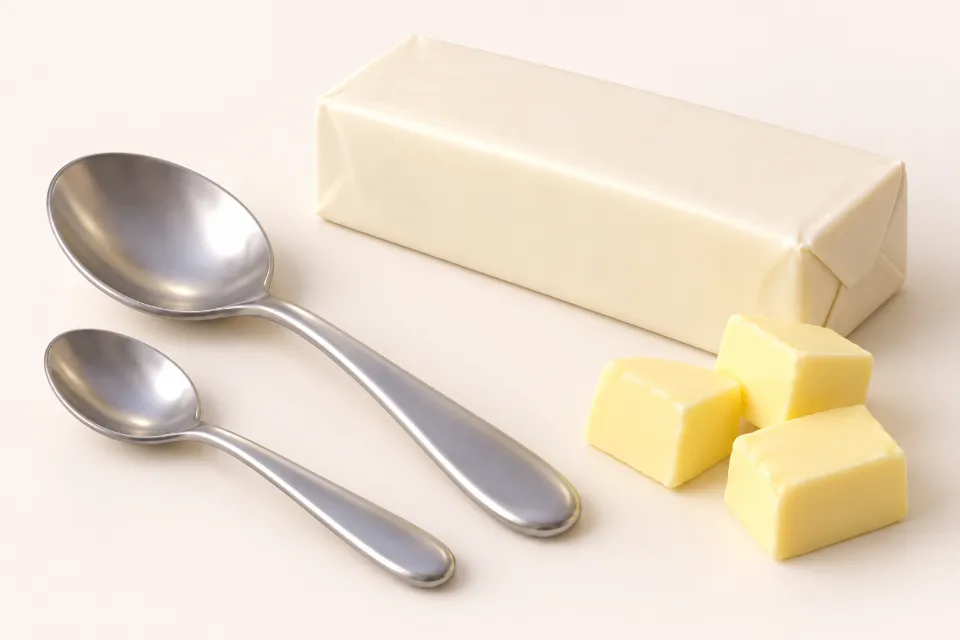 A large tablespoon and a smaller teaspoon lie side by side next to a wrapped stick of butter and three cut cubes of butter.