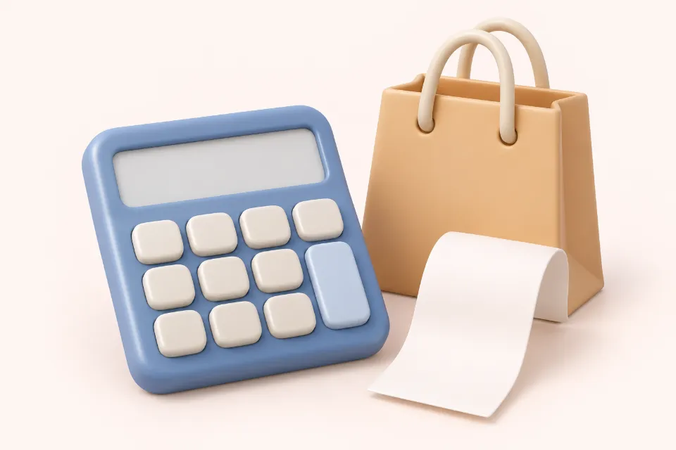 A blue calculator stands next to a paper shopping bag, with a long receipt curling out in front of them.