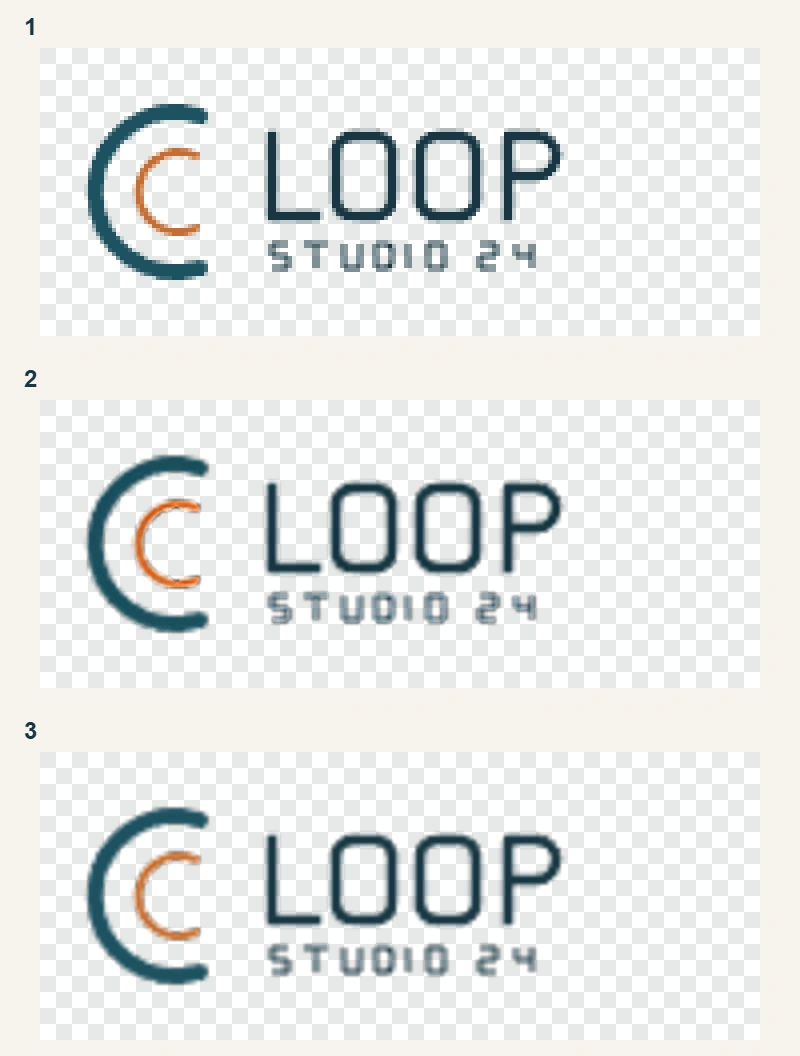 Tres vistas del logo ficticio LOOP: píxeles ampliados de la fuente, resultado con IA y resultado clásico, con un tablero en las zonas transparentes.