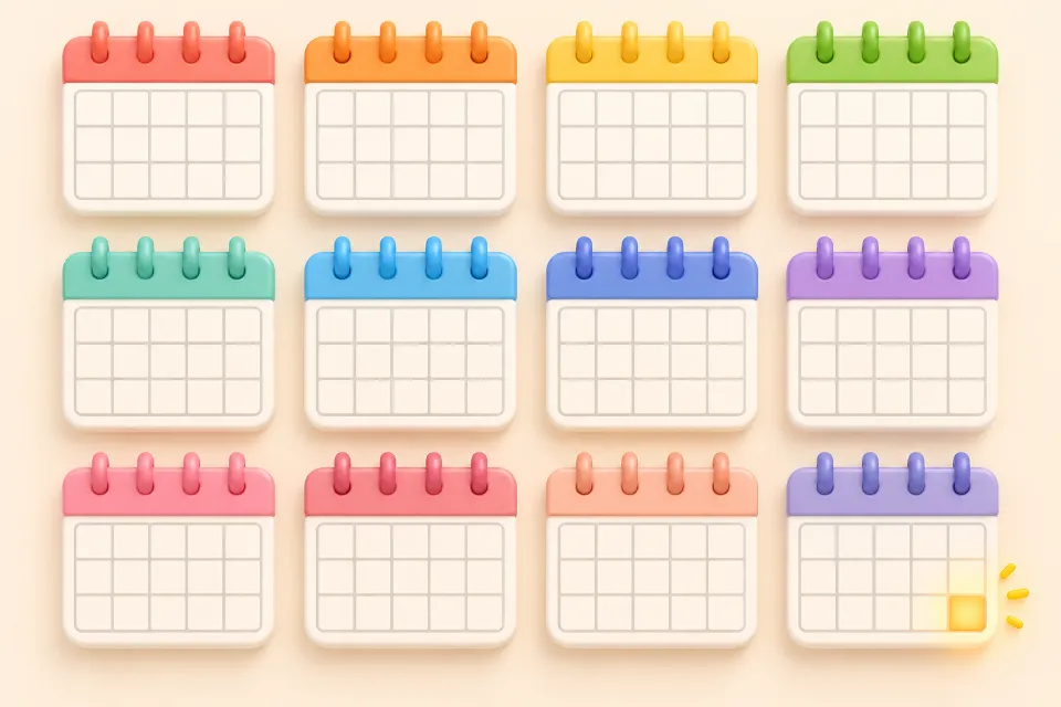 Twelve small month calendars in different colors, arranged in three rows of four. In the last calendar, one square in the bottom corner glows yellow.