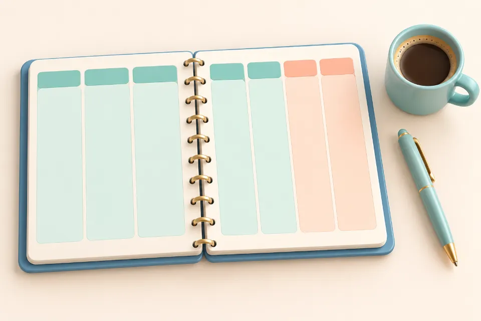 An open weekly planner with seven columns. Five columns are mint green and the two on the right are peach. A pen and a cup of coffee lie beside it.
