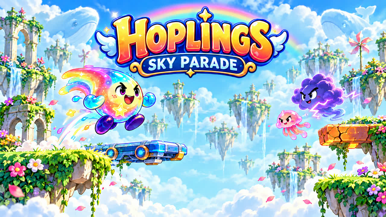 Hoplings: Sky Parade: Nova, an iridescent comet with a glowing star heart, above floating platforms in a colorful rainbow sky