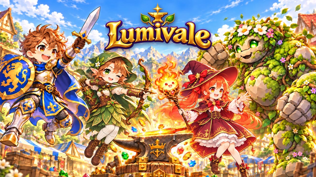 Lumivale cover art: the knight Sir Brannoc, the ranger Wren and the mage Ilsa leap past a glowing royal anvil toward a friendly flower-covered golem in front of a village