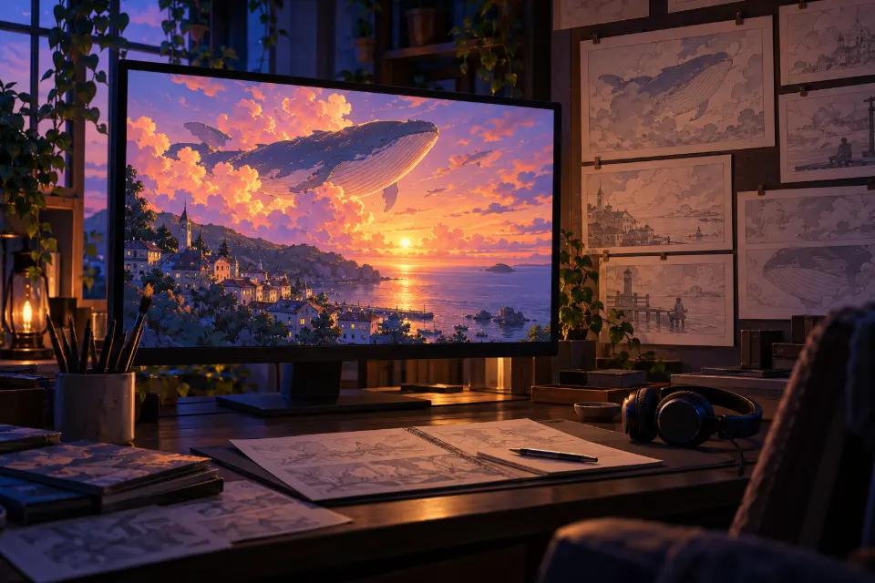 A monitor in a dark editing room showing a 2D anime clip of a whale drifting over a seaside town, with storyboard frames pinned beside it