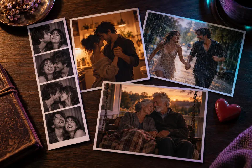 Printed couple photos on a dark table: a photo booth strip, a slow dance in a kitchen and an elderly couple on a porch swing
