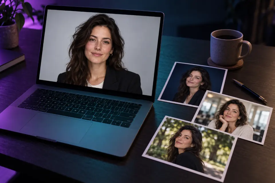 A laptop showing a professional headshot on a gray backdrop, with three smaller prints of the same person in other settings on the desk