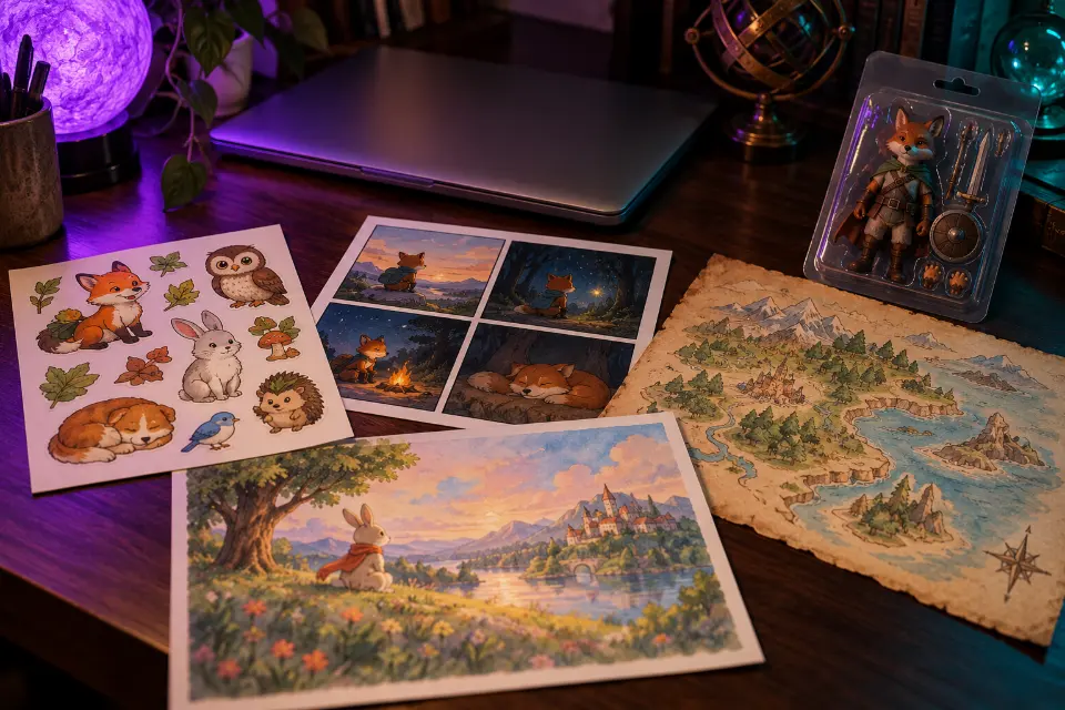 A laptop on a dark desk surrounded by printed AI images: a sticker sheet, a comic, a parchment map and a toy figure in its package