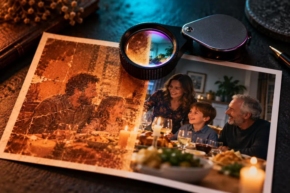 A printed photo split down the middle, grainy and dim on the left and clean and sharp on the right, with a loupe resting on the dividing line