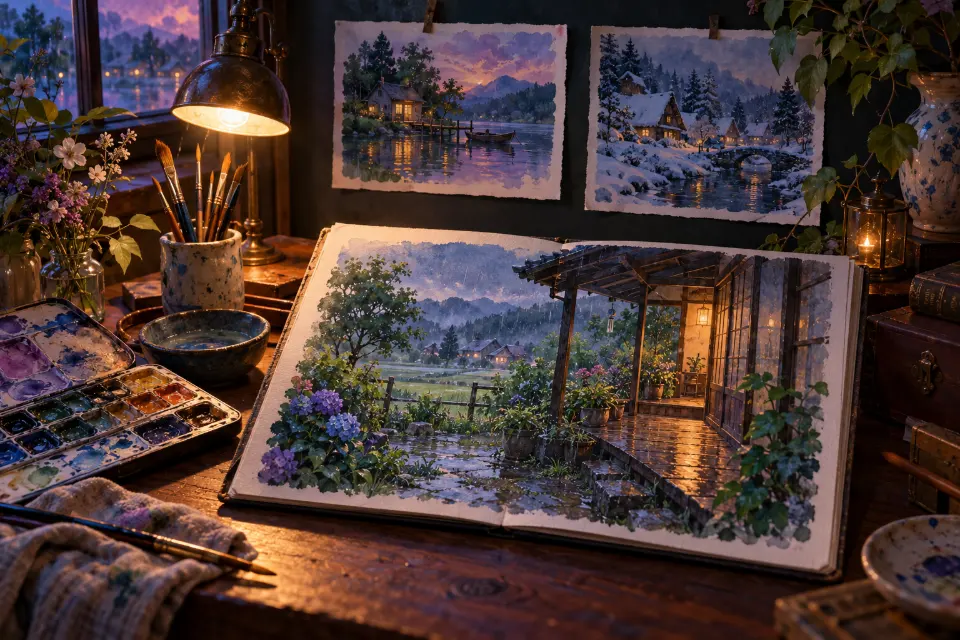 An artist’s desk with watercolor paints and a sketchbook showing a hand-painted anime farmhouse veranda in summer rain, with small paintings of a lake cottage and a snowy village pinned above