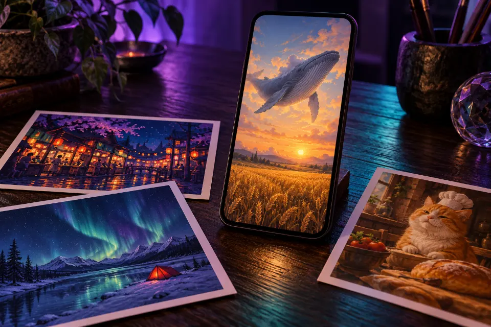 A smartphone on a dark table showing a gray whale floating over a wheat field, surrounded by printed stills of a pixel-art market, an aurora and a cat in a chef’s hat