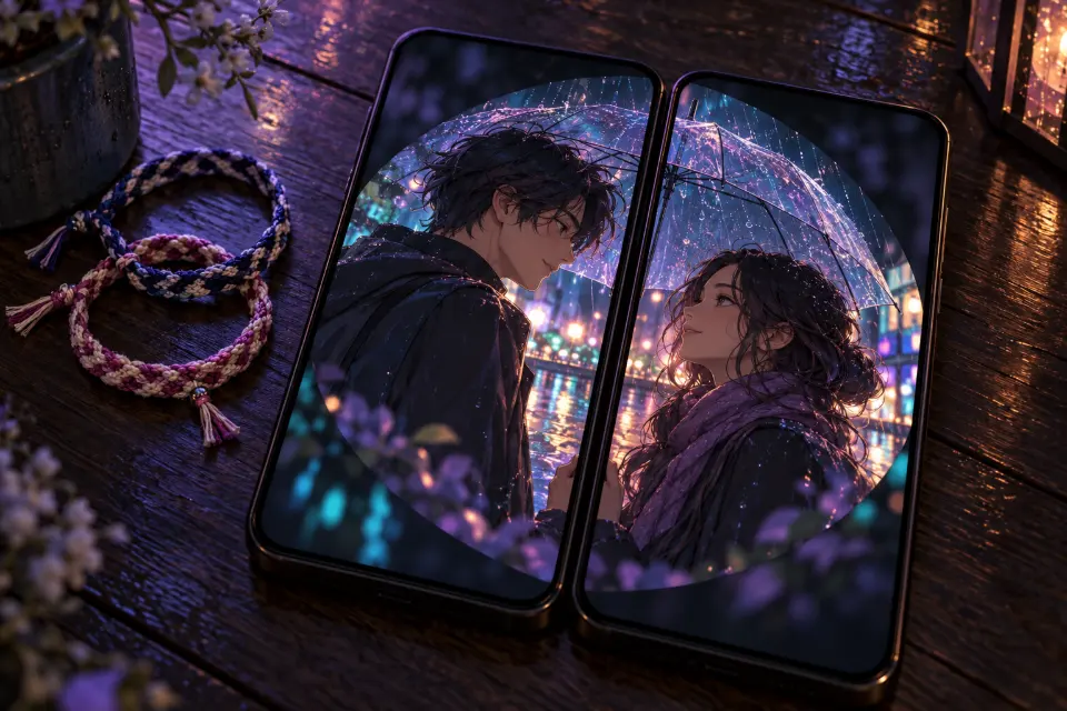 Two phones side by side on a dark table, each showing one half of a matching anime-style profile picture pair under a shared umbrella