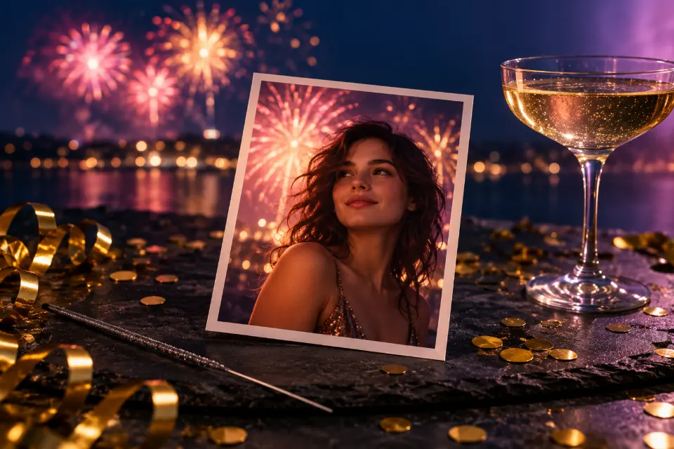 A printed portrait of a woman lit by pink and gold fireworks on a dark table with gold confetti, an unlit sparkler and a glass of sparkling cider