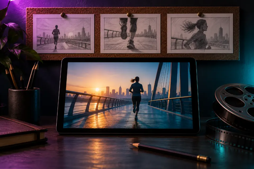 A storyboard of three hand-drawn frames pinned above a desk where a tablet plays a short video of a runner on a bridge at dawn
