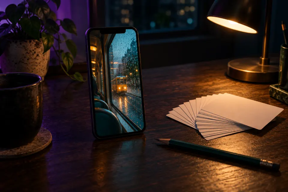 An old smartphone on a dark desk showing a paused vlog clip, with index cards of handwritten shot notes fanned out beside it